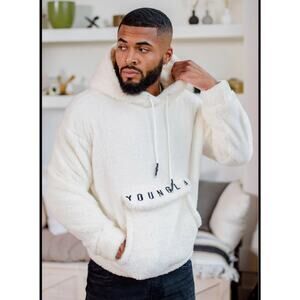 YoungLA men’s Kangaroo Teddy Hoodie in Cream. Size Large